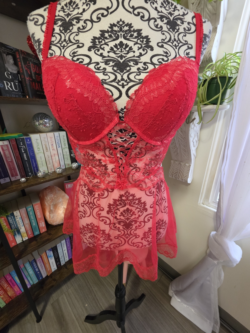 Victoria's Secret Red Lace & Sheer Chemise with Embroidered Bodice